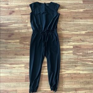 Women's Black Cap-Sleeve Jumpsuit with Drawstring Waist